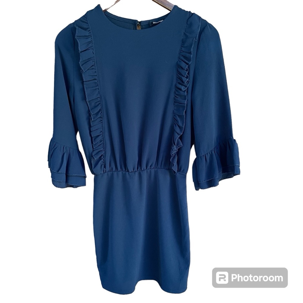 Boohoo Navy Dress, Knee Length, Ruffle Accent, Ruffle End 3/4 Length Sleeves